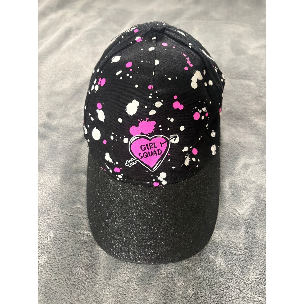 Justice Girls Girl Squad Baseball Cap Black Pink Glitter Paint Splatter Hat OS